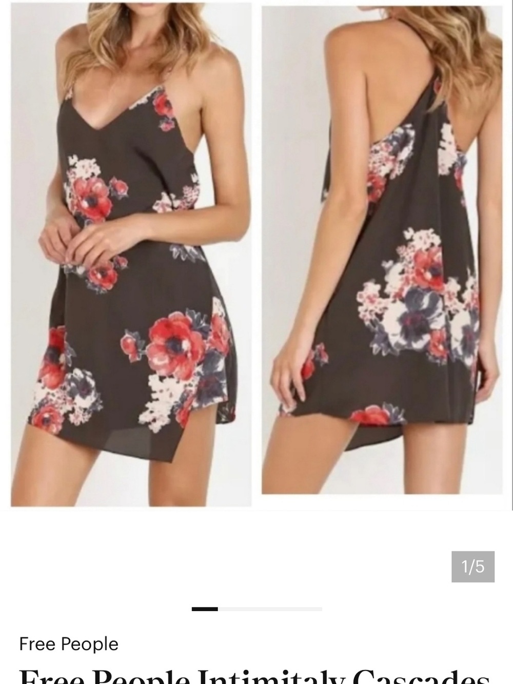 Free People Black Floral Slip Mini Dress with Red & Cream Blooms